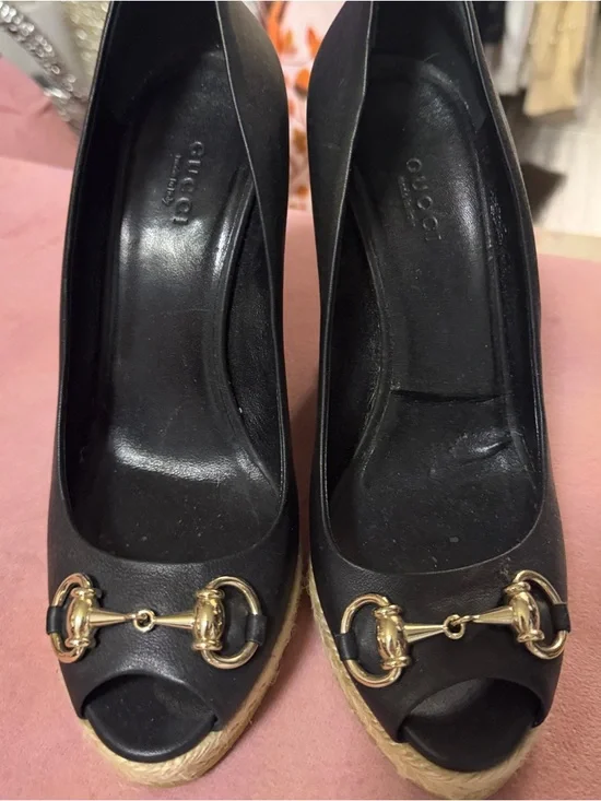 Gucci Black Leather Wedge Espadrilles with Gold Horsebit