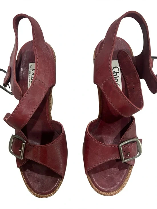 Chloe 60th Anniversary Burgundy Leather Heritage Wedge Sandals Size 39.5