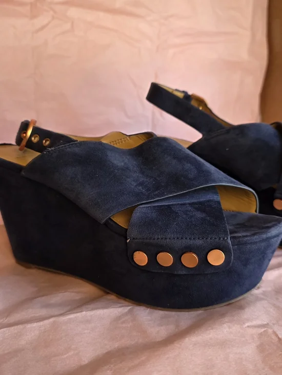 Marc Fisher Navy Suede Platform Wedge Sandals with Copper Studs