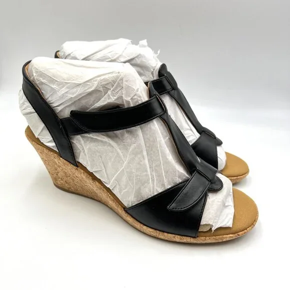 Rockport Womens Size 9.5 Blanca Black Vegan Leather T-Strap Wedges Sandals Shoes