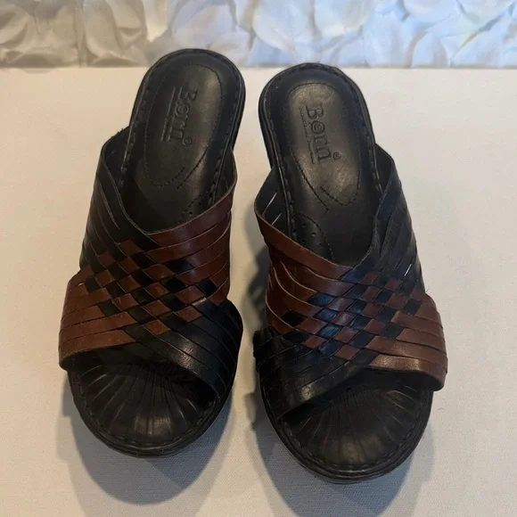 Born Black & Brown Woven Leather Wedge Slide
