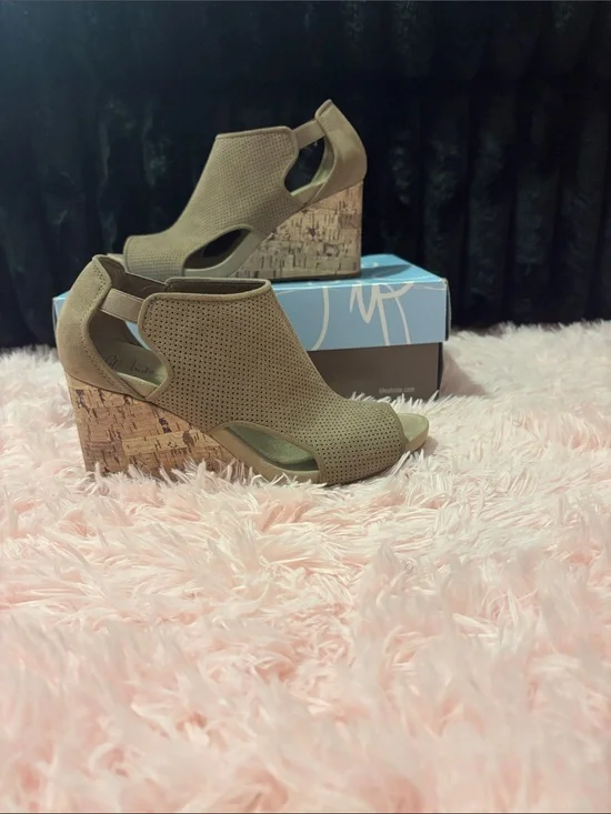 Perforated Taupe Cork Wedge Sandals