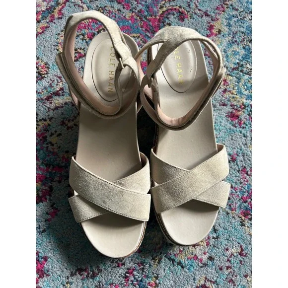 Cole Haan Wedge Sandals Beige Suede Espadrille Grand 360 Platform