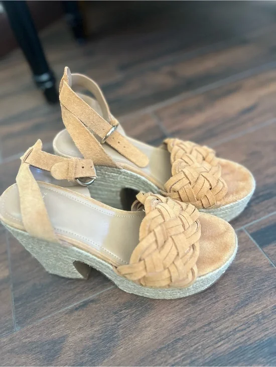 Marc Fisher Tan Suede Braided Platform Wedge Sandals