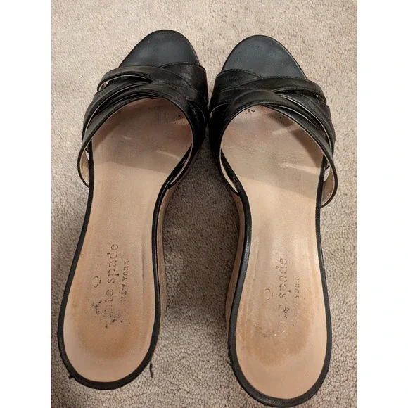 Kate Spade New York Black Leather Cork Wedge Sandals Strappy Platform Slides 4in