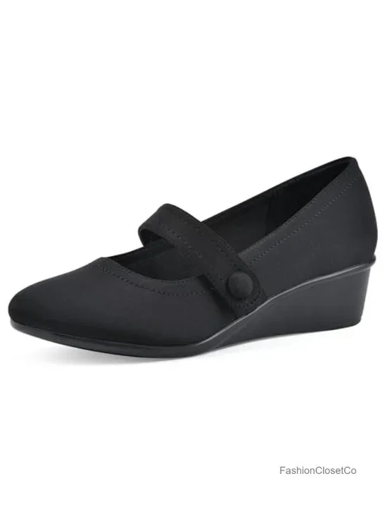 Wedge Pumps with Cushioned Insole - Closed Toe Mary Jane Style