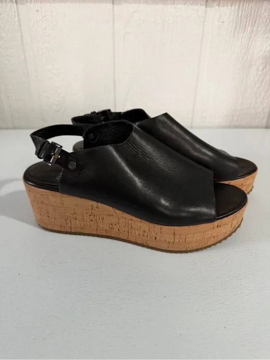 Eileen Fisher Black Leather Cork Platform Slingback Sandals Women’s 8.5