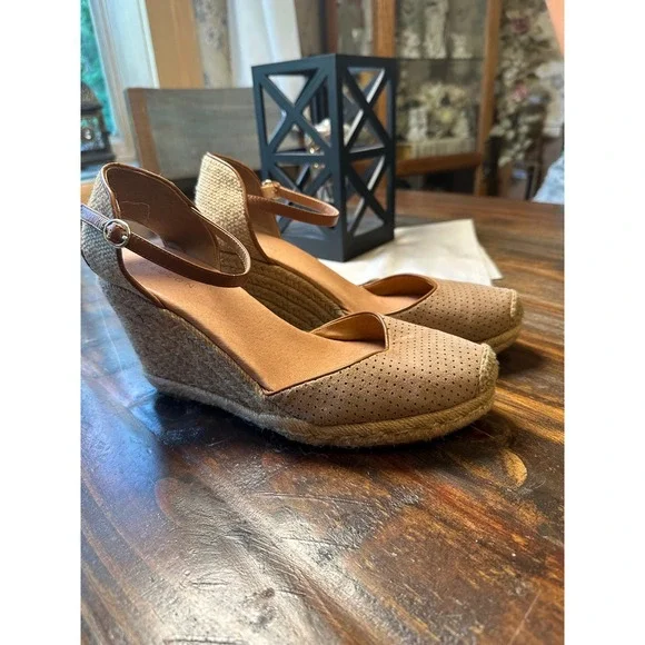 Caslon Tan Perforated Leather Espadrille Wedge Sandals Ankle Strap Womens 10M