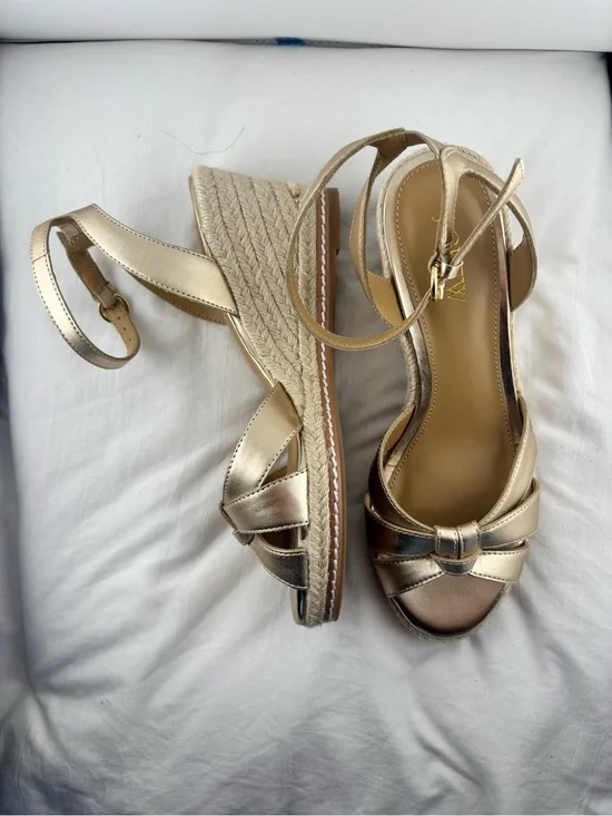 J. Crew Gold Metallic Espadrille Wedge Sandals with Ankle Strap
