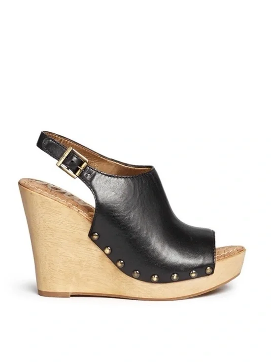 Sam Edelman Black Leather Studded Wedge Sandal with Wood Platform