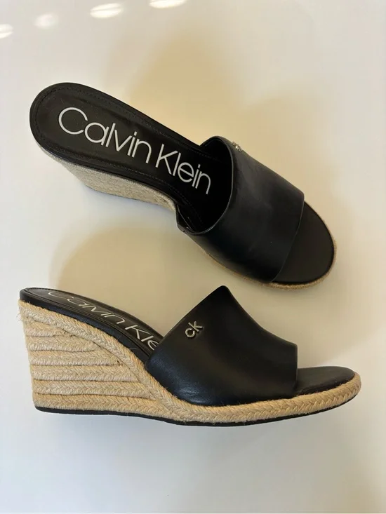 Calvin Klein Black Leather Bandera Wedge Espadrille Slide Sandal 3-1/2” Heel 8