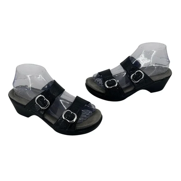 Dansko Sophie Black Snake‎ Embossed Leather Wedge Slide Sandals Womens 39 Buckle