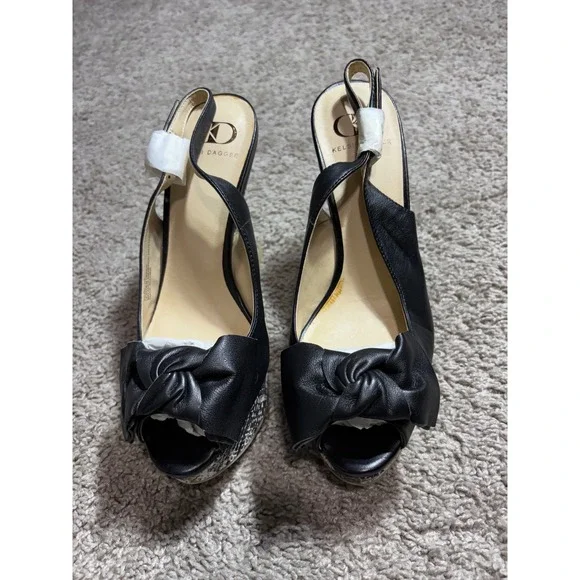 Kelsi Dagger Vixen Black Leather Snakeskin Print Platform Wedge Slingback 7M