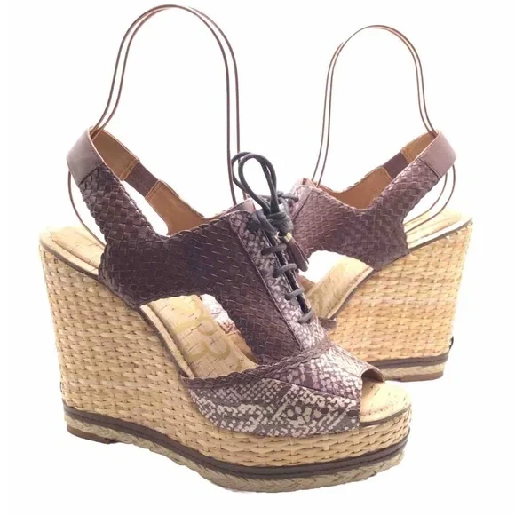 Sam Edelman Tinely Brown Snake Print Lace Up Platform Wedge Sandal Size 10M
