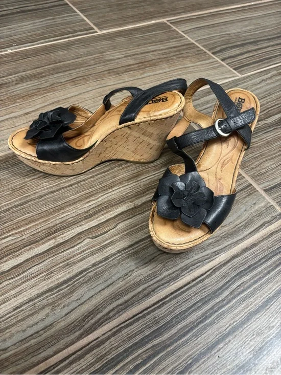 Born Wedge Sandals with Floral Accent - Black and Cork
