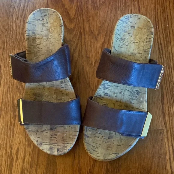 Vionic Dark Brown Leather Double-Strap Cork Wedges with Gold Accent