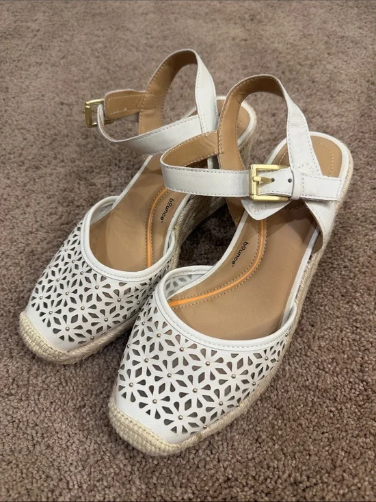 Hush Puppies White Laser-Cut Espadrille Wedge Sandals with Gold Buckle
