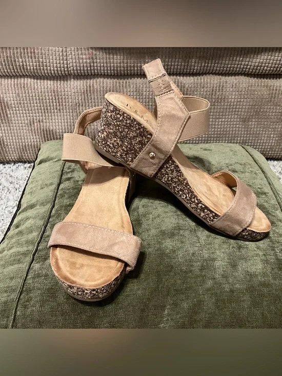 Neutral Taupe Suede Cork Wedge Sandals with Elastic Back