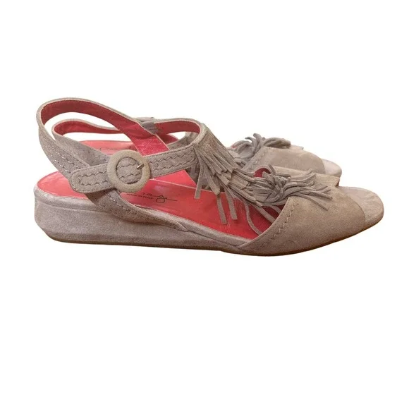 Pas de Rouge Wedge Sandals Women Gray Fringe Suede‎ Slingback Boho SIZE 38.5
