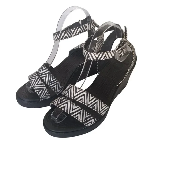 Crocs Leigh Wedge Sandals Womens 10 Black White Geometric Chevron FLAW Stain