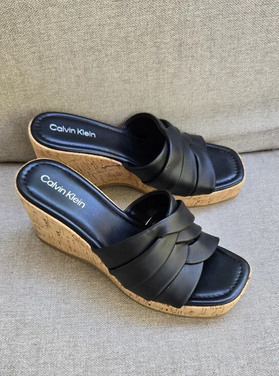 Calvin Klein Heyla Black Leather Cork Wedge Slides Mules
