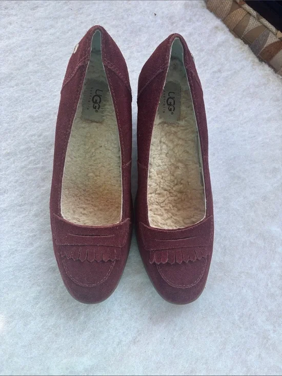 UGG Women's Burgundy Suede Wedge Loafers with Shearling