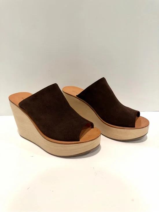 Rachel Comey Brown Suede Peep Toe Wood Platform Wedge Mules Size 8