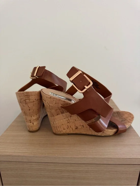 INC International Concepts Brown Leather Cork Wedge Sandals with Gold Buckles