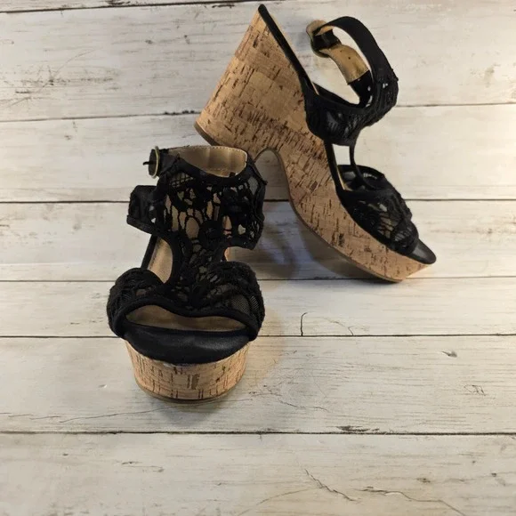 American Eagle Black Lace Cork Wedge Sandals Womens Sz 7 Platform Peep Toe Boho