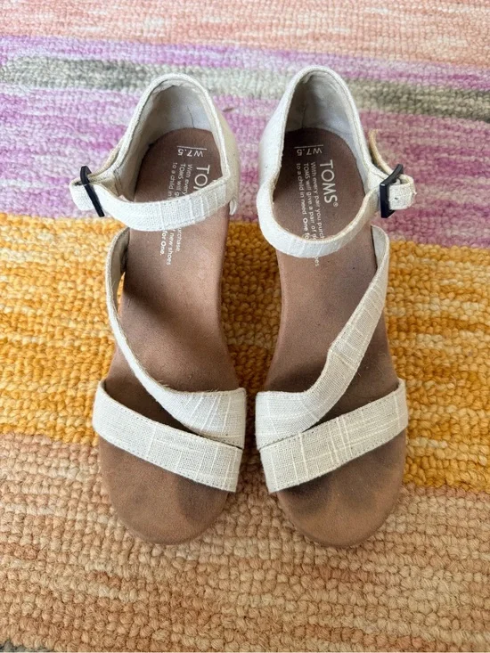 TOMS Natural Linen Ankle-Strap Wedges
