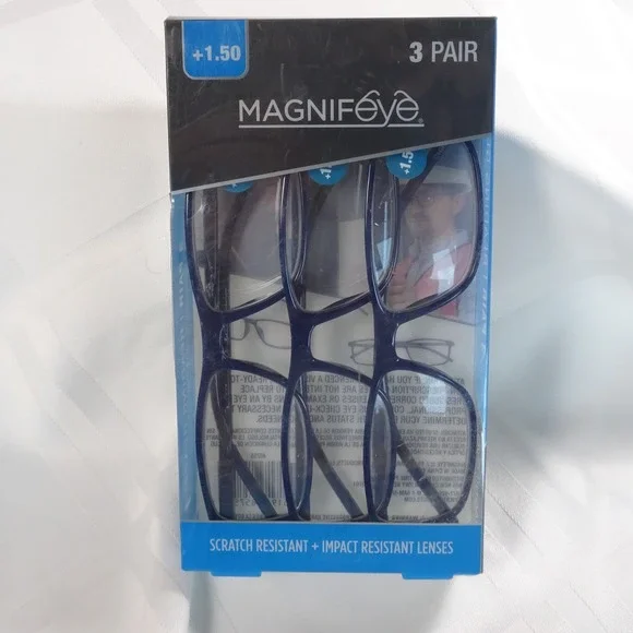 3 Pair +1.50 Magnifeye Scratch Resistant/Impact Resistant Lenses Blue‎ NEW