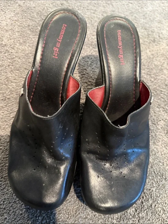 Tommy Hilfiger Black Wedge Slip-On Mules with Red Inner Lining