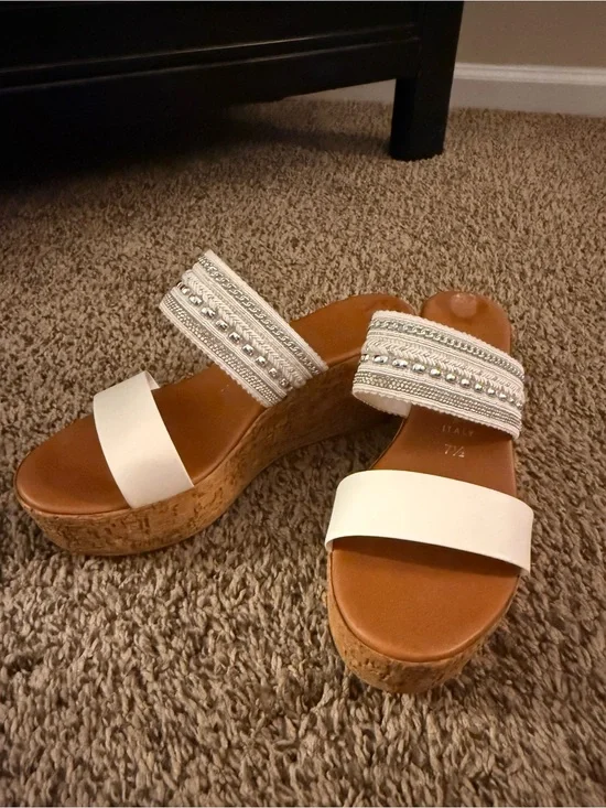 Embellished White Cork Wedge Sandals for Women