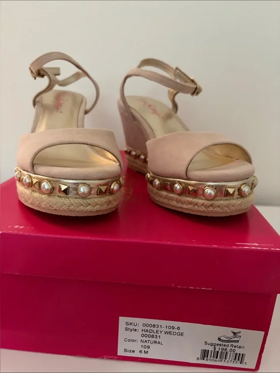 Lilly Pulitzer Natural Suede Pearl & Gold Stud Espadrille Wedges