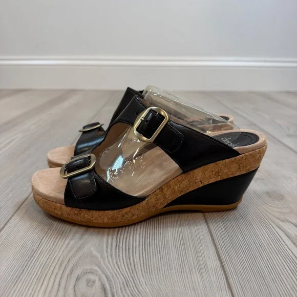 NEW Dansko Carla Black Full Grain Leather Cork Wedge Slide Sandals Size 37 7