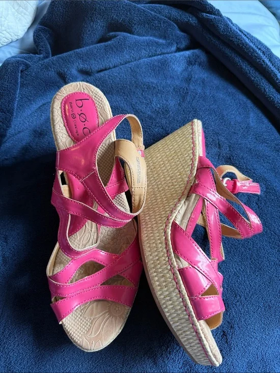 b.o.c. Hot Pink Patent Wedge Sandals with Woven Platform