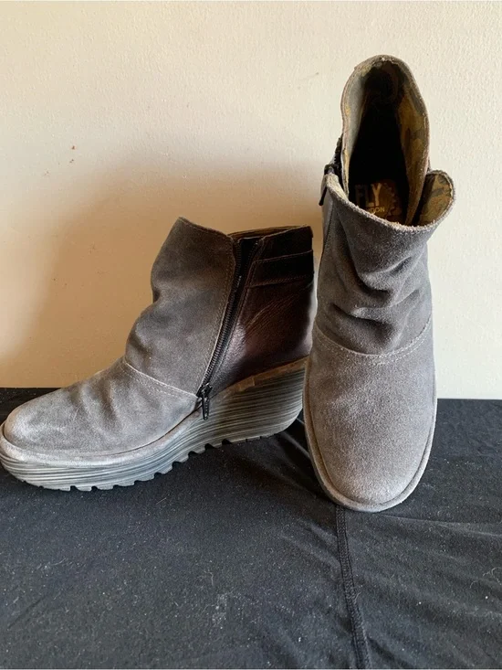 Fly London Gray Suede Wedge Ankle Boots