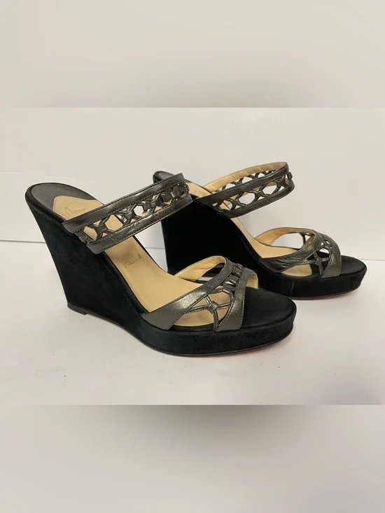 Christian Louboutin Black Suede and Metallic Grey Wedge Sandals