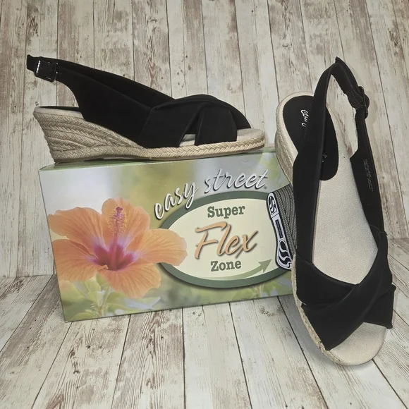 Easy Street Maureen Wedge Sandals Women’s 9W Black Superflex Zone New in Box