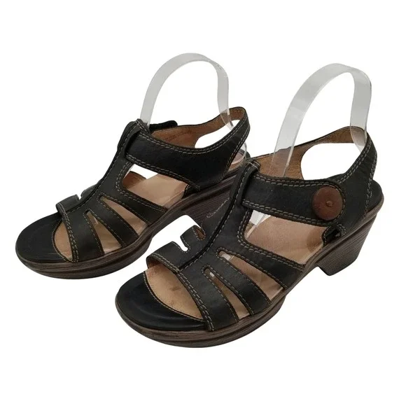 Sanita‎ Womens Black Leather Strappy Wedge Sandals Size 39 US 8.5 Portugal