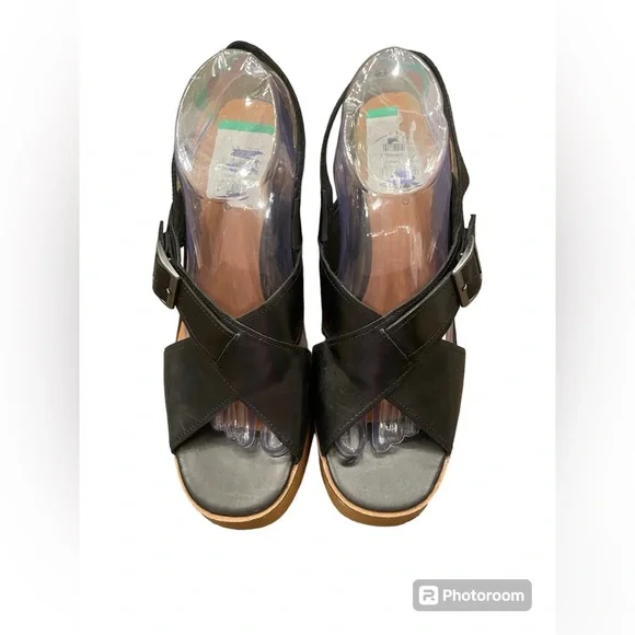 LUCKY BRAND Delaynee Platform Wedge Sandal ‎ Leather Slingback Black Size 9.5