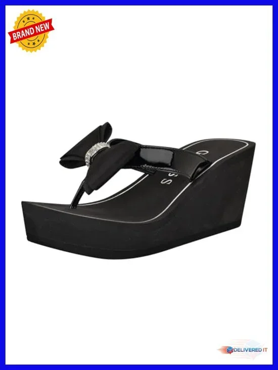 Faux Patent Leather Bow Rhinestone Wedge Sandal Slip-On