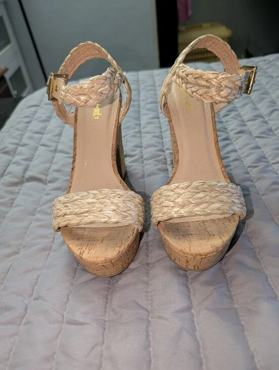 Braided Cork Wedge Sandals in Light Beige with Ankle Strap