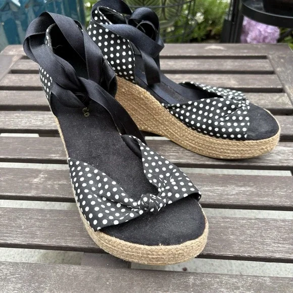 Restricted Women 9 Black Polka Dot Wedge Sandals Rockabilly Pinup Espadrille y2K