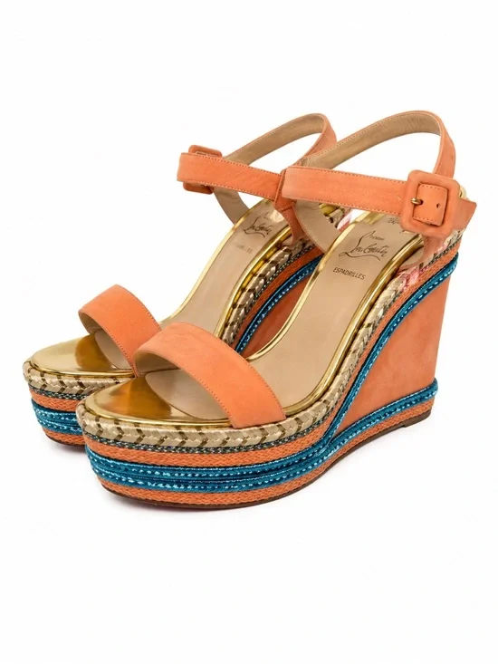 Christian Louboutin Peach and Gold Suede Wedge Sandals with Turquoise Trim
