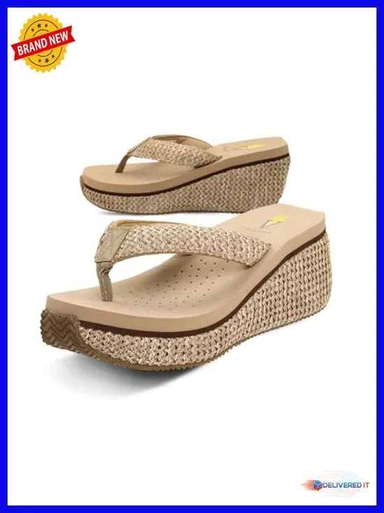 Women's Raffia Wedge Sandals Slip-On Thong Platform EVA Insole Rubber Outsole