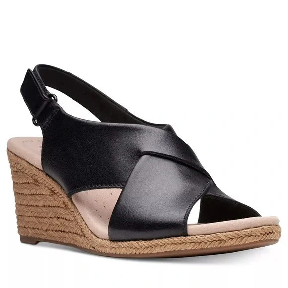Clarks Collection Women's Lafely Alaine Black Leather Velcro Wedge Sandals