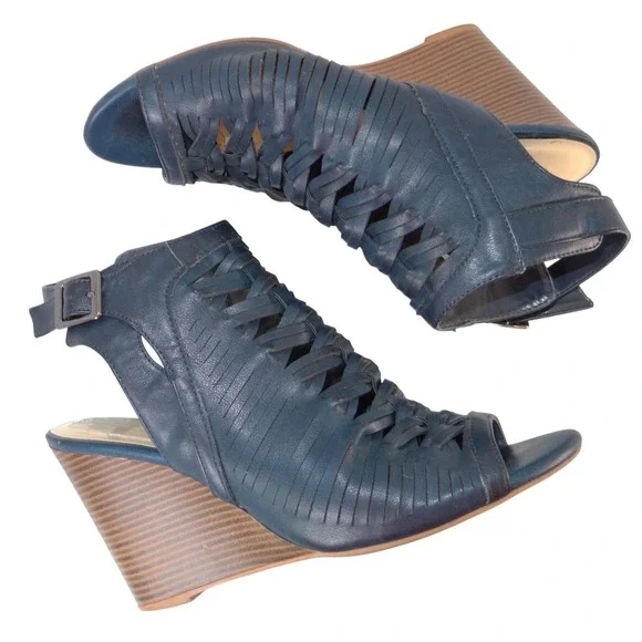 Dollhouse‎ Snaffu Navy Blue Woven Caged Wedge Sandals Womens 10W Open Toe Buckle