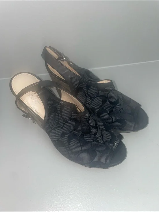 Coach Black Signature Logo Peep-Toe Slingback Wedges