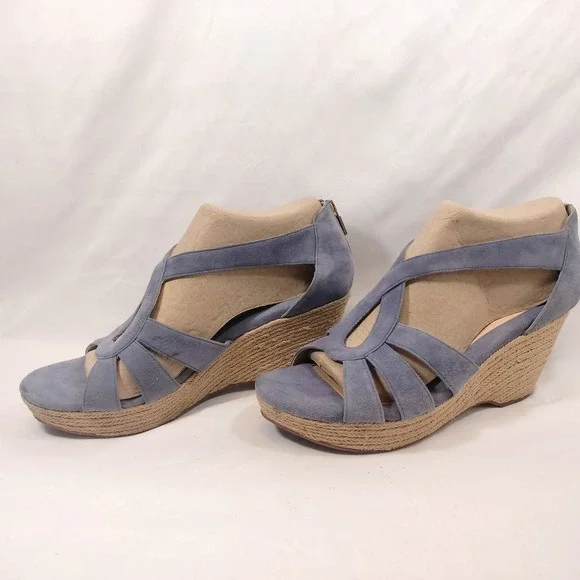 Sofft Blue Espadrille Wedge Sandals; Strappy Suede Leather Open Toe Back Zip